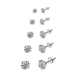 5 Pairs 925 Silver Stud Earrings Set Diamond Girls Stud Earrings Men in 3, 4, 5, 6, 7 mm for Men and Women, Sterling Silver, Created Cubic Zirconia Diamond