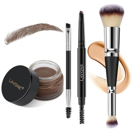 LAVONE Eyebrow Pencil Makeup Kit for Eyebrow Makeup, Make up Brow Kit with Waterproof Eyebrow Pencil, Eyebrow Pomade, Foundation & Concealer Brush and Dual-ended Eyebrow Brush - Khaki Brown