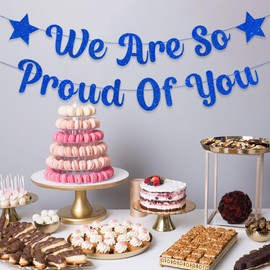 We are So Proud of You Banner Blue Glittery Graduation Congratulations Decoration Hanging Garland for Graduation Retirement Grad Party Decor Supplies (Pre-Strung) Blue
