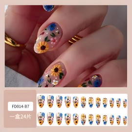 24Pcs Fake Nails Flower Press on Nails Short Almond Glue on Nail Nude Stick on Nail with Colorful Flower Design Glossy Full Cover Nails Press Ons Summer Spring False Nails for Women and Girls