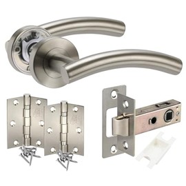 Door Handle Pack with Brushed Steel Door Handles, Latch and Hinges - Handle Kingdom Ltd