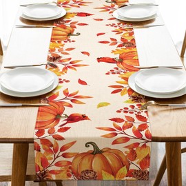 Croar Fall Pumpkin Leaves Cardinal Table Runner, Autumn Harvest Thanksgiving Red Birds Pine Cone Kitchen Dining Table Decoration, Seasonal Burlap Indoor Outdoor Home Decor Party Supply 13 x 72 Inch