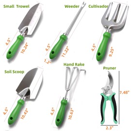 Garden Tools Set, 8 Piece, Stainless Steel Heavy Duty Gardening Tools, Including 5L Collapsible Bucket for Watering and Hold Tools, Collapsible Stool, Gardening Gifts for Women Men, Green (8)