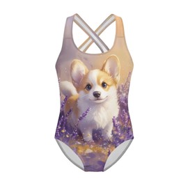 ORGYPET Girls One Piece Swimsuit Size 8-10 Lovely Corgi Tween Swimwear High Waisted Gymnastics Leotard Lavender Kid Bathing Suit Athletic for Summer