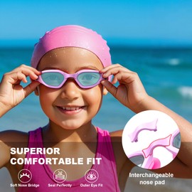 Emsina Kids Swim Goggles,Super Anti-Fog, No Leaking Pool Goggles,Swimming Goggles for Kids Age 5-14 Boys and Girls_PeachPink