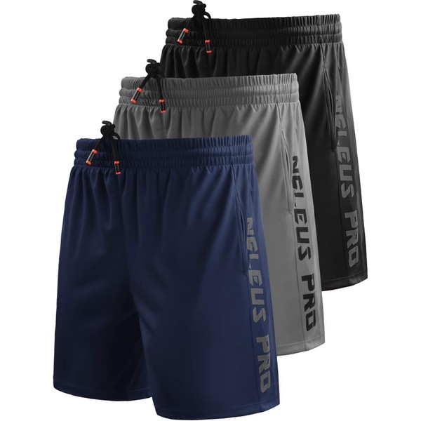 NELEUS Men's 7" Workout Running Shorts with Pockets,6056,3 Pack,Black/Grey/Navy Blue,L,EU XL