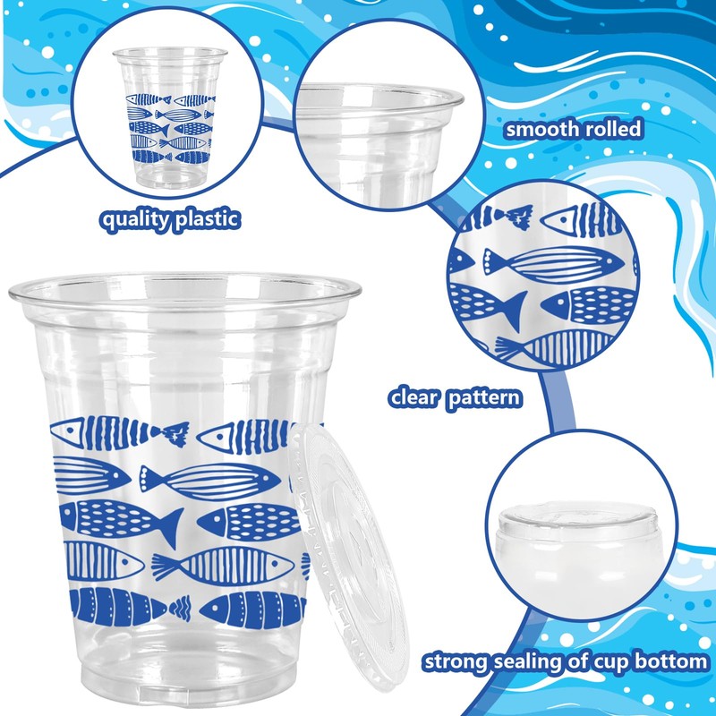 50 Pcs Blue Ocean Fish Plastic Cups with Lids and