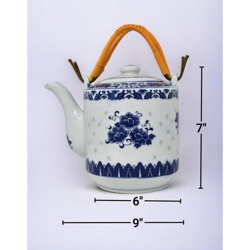 Large Teapot Blue and White Porcelain 64 OZ