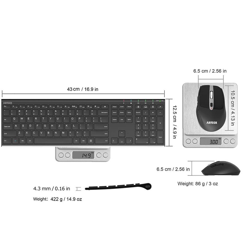 Arteck 2.4G Wireless Keyboard and Mouse Combo Stainless Full Size