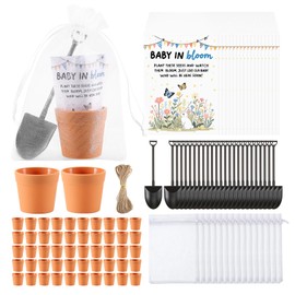 Ansberta 200 PCS Baby Shower Party Favor for Guests Include 50 Flower Seed Packets 50 Pots 50 Organza Bags 50 Garden Shovel for Baby Shower Birthday Party Favor, No Seeds
