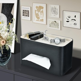 Rectangular Tissue Box Cover for Kleenex, PU Leather Tissue Box Holder, Rectangle Tissue Covers with Cute Silver Bunny, Decorative Tissue Holders for Bathroom, Car, Home, Office - Black