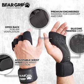 BEAR GRIP - Open Workout Gloves for Crossfit, Bodybuilding, callisthenics, Powerlifting (Black, XS)