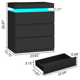 Nightstand with Charging Station and LED Lights, Night Stand with 3 Large Drawers, Bedside Table with Storage, Modern End Side Table Night Stands for Bedroom, Living Room, Office (Black)