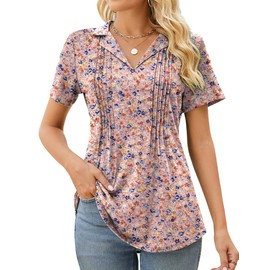 Women's Polo Shirts V Neck Summer Fashion Short Sleeve Collared Business Blouse Loose Casual Tunics Cute Tee Tops Floral M