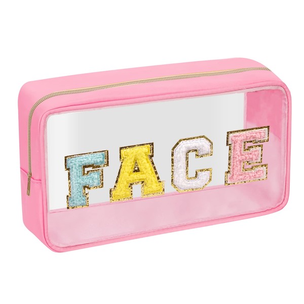 Iqimott - Bolsa de maquillaje transparente con parches de chenilla