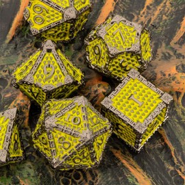 DND Dice Set Metal Dice, KERWELLSI Honeycomb Design D&D Dice Set, Ancient Gold Unique D+D Role Playing Game Dice D20 D12 D10 D8 D6 D4, 7 Die Polyhedral Dice Set for MTG, Pathfinder, Warhammer