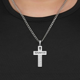 Cross Necklace for Men with Bible Verse, Christian Religious Isaiah 6 8 Scripture Baptism First Communion Silver Cross Chain Pendant for Men Jewelry ,Fathers Day Dad 2025 Graduation Gifts for Him