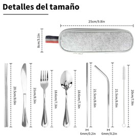 Morovanlaza Juego de Cubiertos Portátiles de Acero Inoxidable 8 Piezas: Incluye Pajita y Estuche de Viaje - Utensilios Reutilizables para Acampar, Oficina, Escuela y Picnic