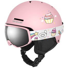 Odoland Kids Ski Helmet, Snow Helmet with Ski Goggles, Shockproof, Windproof, Safety Snow Sports Helmets and Protective Goggles for Boys Girls and Youth, Pink, S