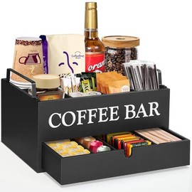 Wood Coffee Bar Organizer with Drawer,Coffee Bar Accessories Organizer, Coffee Station Organizer Coffee Pod Holder, Coffee Bar Condiment Accessories for Coffee Decor (Black)