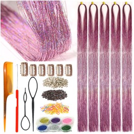 Celinebella Bubblegum Pink Glitter Hair Extensions, 48 Inch Full Length Smooth Skin-Friendly Strands, 1250 Counts Heat Resistant for Prom Concert Cosplay Party Wedding