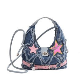 Denim Hobo Bag for Women, Small Star Jean Fringe Shoulder Purse, Soft Top Handle Bag Crossbody Bag