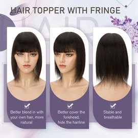 Elailite Hair Topper, Real Hair, Toupee Women's with Long Fringe, Clip-In Hairpiece, Hair Topper Base 10 x 10 cm (no line), 45 cm, #1B Natural Black