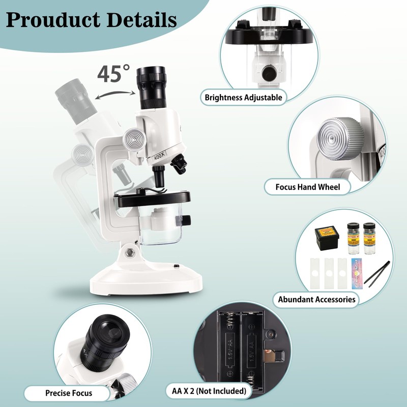 Hesygo Science Kits for Kids Beginner Microscope with LED 100X
