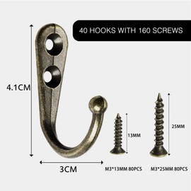Kyrio 40 Pieces Wall Coat Rack Hooks with Screws, Robe Hooks, Cup Hooks, Coat Hangers, Rustic Hooks for Bag, Hat, Keys, Backpack, Door, Bedroom, Holder, Hanger (Bronze)