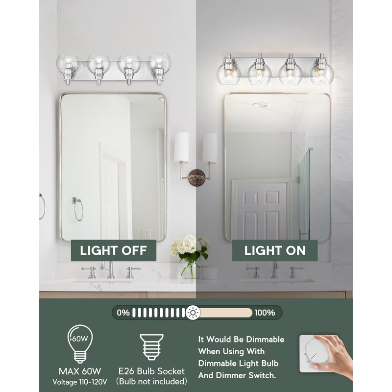 METWET Bathroom Light Fixtures, 4 Light Brushed Nickel Vanity Light,