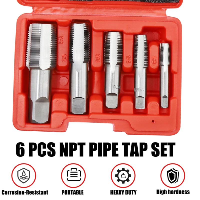 5-Piece NPT Pipe Tap Set with Sizes 1/8", 1/4", 3/8",