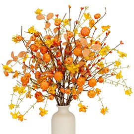 VioletEverGarden Artificial Fall Stems 12 Pack Fall Floral Picks 17 Inch Pumpkin Stems with Wildflower Eucalyptus Leaf and Berries for Autumn Thanksgiving Harvest Holiday