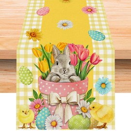 Linen Yellow and White Buffalo Check Plaid Easter Table Runner 72 Inches Long Easter Egg Bunny Chick Daisy Tulip Floral Table Decor Spring Summer Easter Home Kitchen Dining Room Table Decorations