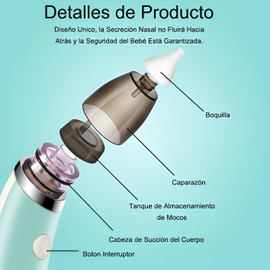 Aspirador Nasal Eléctrico para Bebé, 5 Niveles de Succión, 2 Boquillas Suaves, USB Recargable, Color Menta