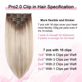Sweetmet Pro2.0 Clip in Hair Extensions Real Human Hair 20inch 7pcs #8/60/18 Ash Brown to Ash Blonde Mix Platinum Remy Real Human Hair Extensions Clip ins 120g Thick Double Weft（#8/60/18-20inch）