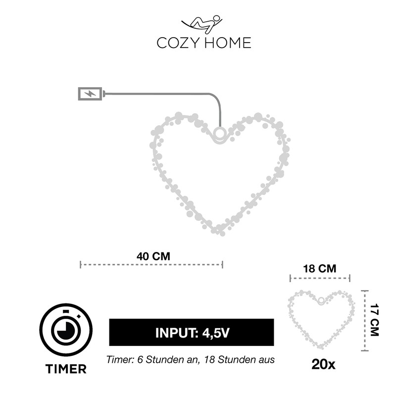 CozyHome 20 LED Heart Light Wreath with Plug - Warm