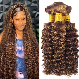 Dokksiiia P427 Deep Wave Sew-In Human Hair Extensions 16 18 20 Inch - Chocolate Brown with Honey Blonde Highlights Ombre Bundles P4/27 Double Weft Brazilian Hair Extensions Natural Look