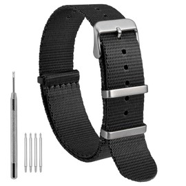 WOCCI 20mm Military Nylon Watch Band, One-piece Ballistic Nylon Strap for Men and Women, Silver Buckle (Black)