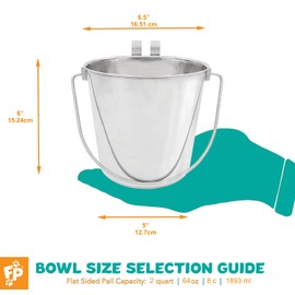 Fuzzy Puppy Flat Sided Pail with Dual Hooks, Snugly Fit On Dog, Cat and Critter Crates & Cages, Heavy Duty Stainless Steel | 2 Quart, 12-Pack (PN: FSP-2-12PK)