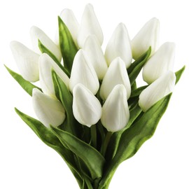 Buart Artificial Tulip in Bulk for Home Kitchen Wedding Bridal Bouquet,Fake White Flowers for Valentine's Day Mother's Day Easter Table Centerpieces Decorations(Mini Size,Real-Touch,12pcs)