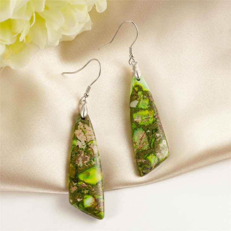 SELOVO Blue Green Jasper Stone Fishhook Dangle Drop Earrings