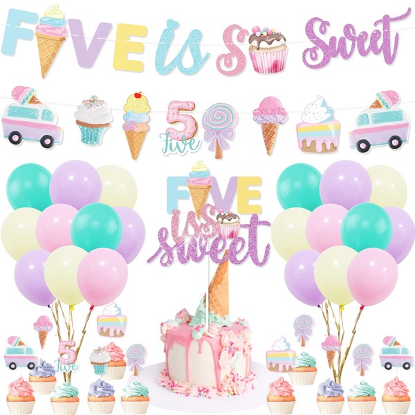 Decoración de fiesta de cumpleaños de 5 helados, con diseño de cinco es tan dulce, decoración de tartas, globos de macarón para niñas de verano, helado, 5 cumpleaños, dulce quinto cumpleaños, suministros para fiesta de cumpleaños