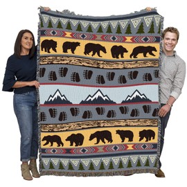 Pure Country Weavers Lodge Bear Pattern Blanket Blue - Wildlife Cabin Gift Tapestry Throw Woven from Cotton - Made in The USA (72x54)
