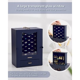 Homde Jewelry Organizer with Transparent Window Necklace Hooks Gift for Women Jewelry Box Display Case for Necklaces Rings Earrings Bracelets and Other Jewelry Accessories (Dark Blue)