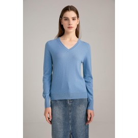 State Cashmere Women’s Essential V-Neck Sweater 100% Pure Cashmere Classic Long Sleeve Pullover (Bella Blue, Large)