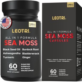 Leotri Organic Irish Sea Moss Capsules: Sea Moss 1515mg with Black Seed Oil Ashwagandha Turmeric Bladderwrack Burdock & Vitamin C Vitamin D3 – Gut Health & Immune Support – 60 Vegan Capsules