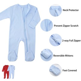 BINIDUCKLING Unisex Infant 2-Pack Zip-Up Baby Onesies Cozy Footed Newborn Bodysuits Baby Clothes Solid Color Cotton Rompers, Red+LBlue 12 Months