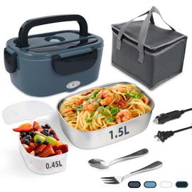 SOHIDA Electric Lunch Box, 12V/24V/110V Portable Food Warmer with SS Fork & Spoon for Car/Truck/Office, 80W Self Heating Lunch Box with 1.5L 304 Stainless Steel Container & 0.45L PP Fruit Box Black