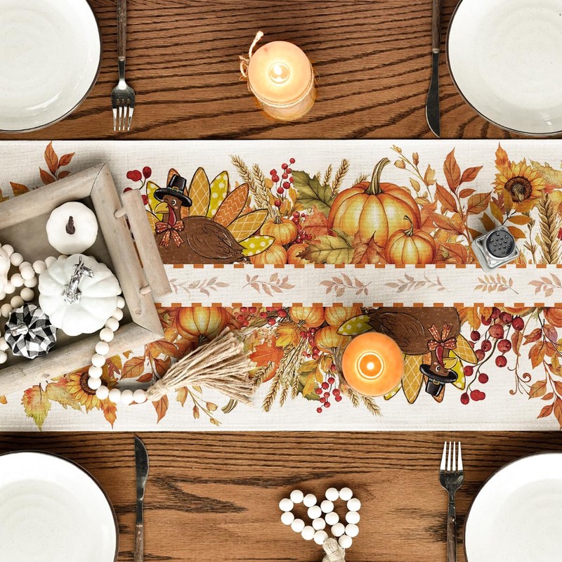 Sunflower Turkey Leaves Thanksgiving Table Runner, Harvest Fall Autumn Kitchen