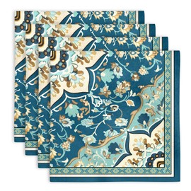 Teal Boho Floral Print Cloth Napkins Set of 4, 18x18 Inch Soft Absorbent Washable Reusable Cloth Napkins, Boho Gifts for Bohemian Lovers, Wedding, Bridal Shower, Dinner Party & Table Decor